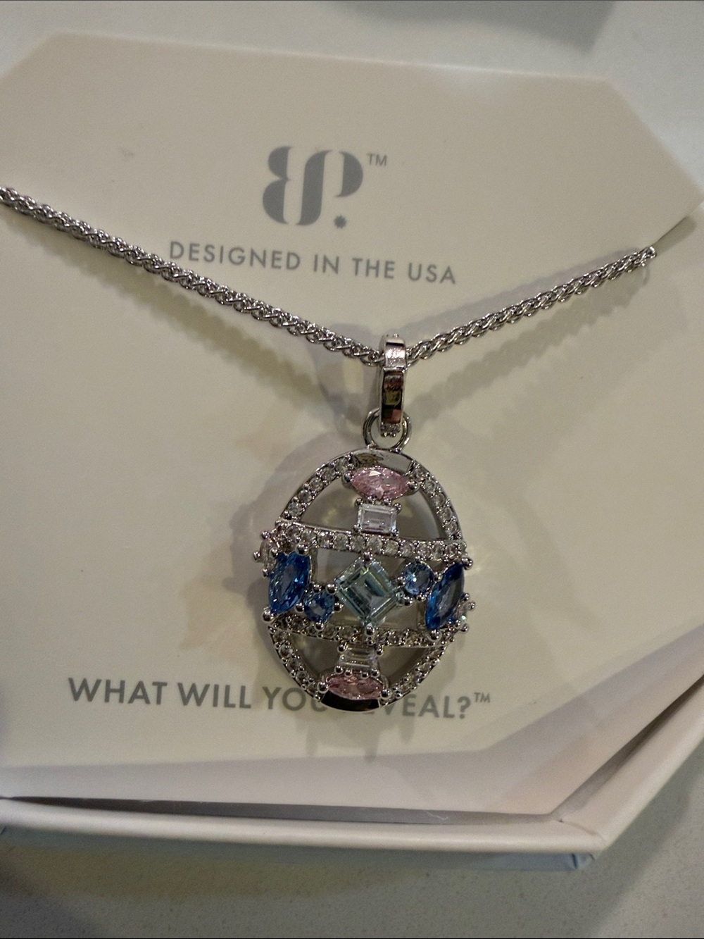 Silver-Tone Oval Pendant Necklace with Pink and Blue Stones